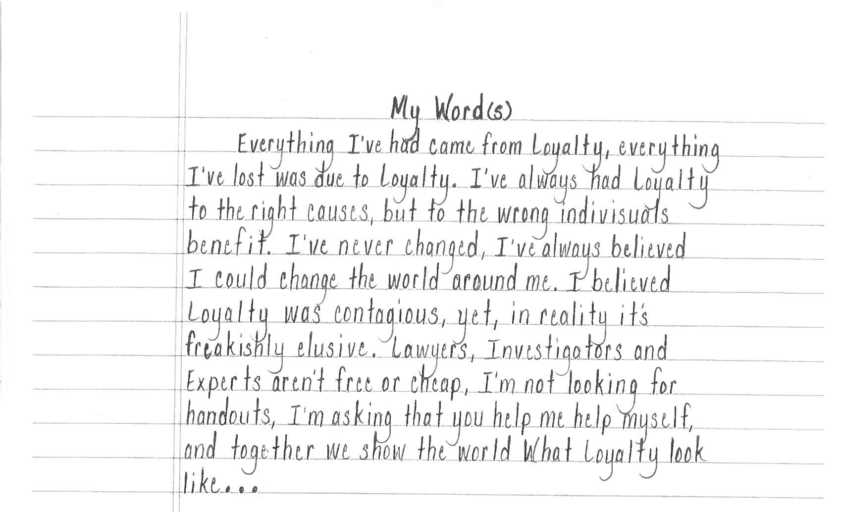 Handwritten page titled My Word(s) by the founder of What Loyalty Look Like